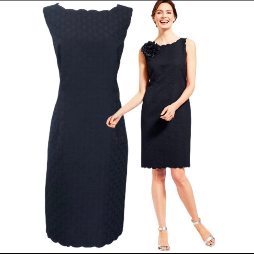 Talbots RSVP Scalloped Jacquard Sheath Navy Dress